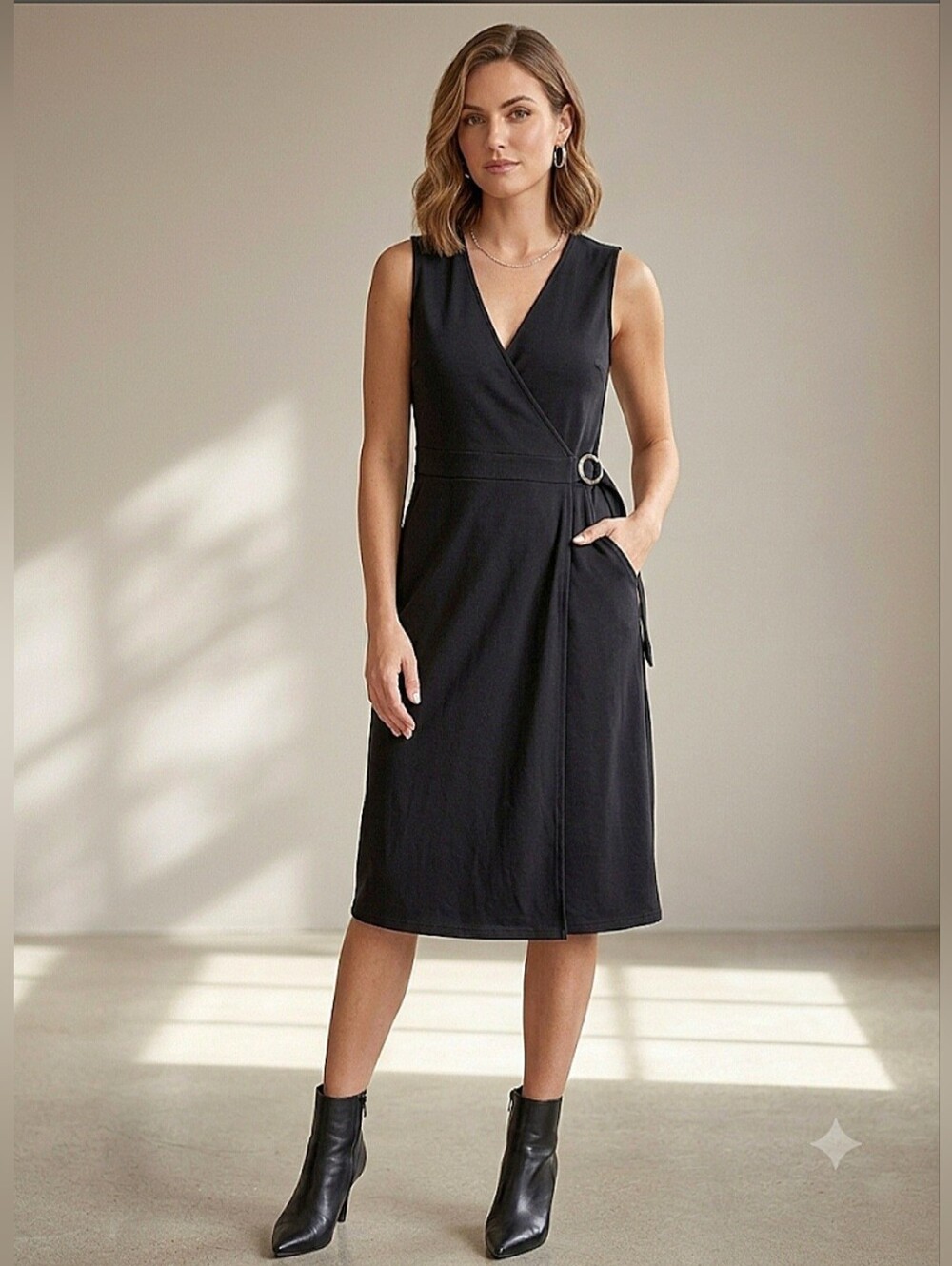 Max Studio NWT Day Night Black Sleeveless Wrap Midi Dress with Side Pockets Sz L